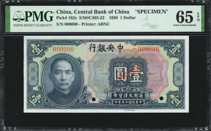 (t) CHINA--REPUBLIC. Central Bank of China. 1 Dollar, 1926. P-182s. Specimen. PM...