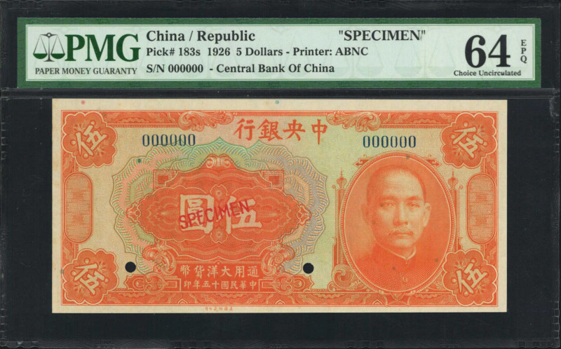 (t) CHINA--REPUBLIC. Central Bank of China. 5 Dollars, 1926. P-183s. Specimen. P...