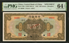 (t) CHINA--REPUBLIC. Central Bank of China. 100 Dollars, 1928. P-199s. Specimen. PMG Choice Uncirculated 64 EPQ.

(S/M#C300-44). Shanghai. Printed b...