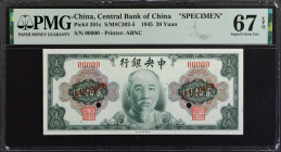 (t) CHINA--REPUBLIC. Central Bank of China. 20 Yuan, 1945. P-391s. Specimen. PMG Superb Gem Uncirculated 67 EPQ.

(S/M#C302-5). Printed by ABNC. Spe...