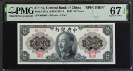 (t) CHINA--REPUBLIC. Central Bank of China. 50 Yuan, 1945. P-393s. Specimen. PMG Superb Gem Uncirculated 67 EPQ.

(S/M#C302-7). Printed by ABNC. Spe...