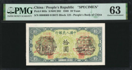 (t) CHINA--PEOPLE'S REPUBLIC. The People's Bank of China. 10 Yuan, 1948. P-803s. Specimen. PMG Choice Uncirculated 63.

(S/M#C282). Block 123. No. 0...
