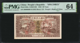 (t) CHINA--PEOPLE'S REPUBLIC. The People's Bank of China. 20 Yuan, 1948. P-804s. Specimen. PMG Choice Uncirculated 64.

(S/M#C282). Block 123. No. 0...