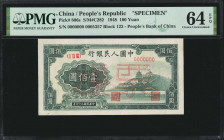 (t) CHINA--PEOPLE'S REPUBLIC. The People's Bank of China. 100 Yuan, 1948. P-806s. Specimen. PMG Choice Uncirculated 64 EPQ.

(S/M#C282). Block 123. ...