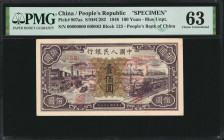 (t) CHINA--PEOPLE'S REPUBLIC. The People's Bank of China. 100 Yuan, 1948. P-807as. Specimen. PMG Choice Uncirculated 63.

(S/M#C282). Block 123. Blu...