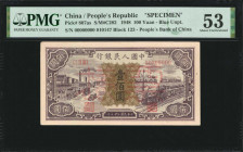 (t) CHINA--PEOPLE'S REPUBLIC. The People's Bank of China. 100 Yuan, 1948. P-807as. Specimen. PMG About Uncirculated 53.

(S/M#C282). Block 123. Blue...