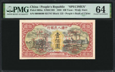 (t) CHINA--PEOPLE'S REPUBLIC. The People's Bank of China. 100 Yuan, 1948. P-808bs. Specimen. PMG Choice Uncirculated 64.

(S/M#C282). Block 123. Wat...
