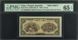 CHINA--PEOPLE'S REPUBLIC. The People's Bank of China. 5 Yuan, 1949. P-813s. Specimen. PMG Gem Uncirculated 65 EPQ.

(S/M#C282-21). Block 123. Specim...