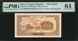 (t) CHINA--PEOPLE'S REPUBLIC. The People's Bank of China. 10 Yuan, 1949. P-817s. Specimen. PMG Choice Uncirculated 64.

(S/M#C282). Block 123. No. 0...