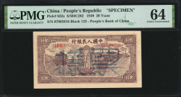 (t) CHINA--PEOPLE'S REPUBLIC. The People's Bank of China. 20 Yuan, 1949. P-822s. Specimen. PMG Choice Uncirculated 64.

(S/M#C282). Block 123. No. 0...