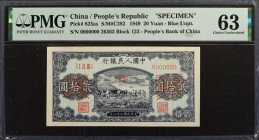 CHINA--PEOPLE'S REPUBLIC. The People's Bank of China. 20 Yuan, 1949. P-823as. Specimen. PMG Choice Uncirculated 63.

(S/M#C282). Block 123. Blue und...