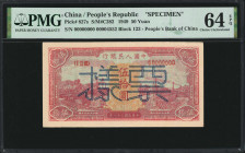 (t) CHINA--PEOPLE'S REPUBLIC. The People's Bank of China. 50 Yuan, 1949. P-827s. Specimen. PMG Choice Uncirculated 64 EPQ.

(S/M#C282). Block 123. N...