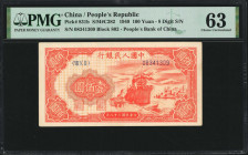(t) CHINA--PEOPLE'S REPUBLIC. The People's Bank of China. 100 Yuan, 1949. P-831b. PMG Choice Uncirculated 63.

(S/M#C282). 8 Digit Serial Number. Bl...