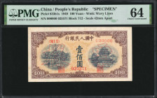 (t) CHINA--PEOPLE'S REPUBLIC. The People's Bank of China. 100 Yuan, 1949. P-833b1s. Specimen. PMG Choice Uncirculated 64.

Block 712. Watermark of w...
