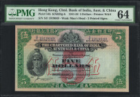 (t) HONG KONG. Chartered Bank of India, Australia & China. 5 Dollars, 1941-56. P-54b. PMG Choice Uncirculated 64.

Printed by W&S. Watermark of Man'...