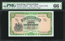 (t) HONG KONG. The Chartered Bank. 5 Dollars, 1962. P-68b. PMG Gem Uncirculated 66 EPQ.

Printed by TLDR. Watermark of Warrior's Head. Bright paper ...