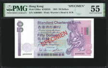 (t) HONG KONG. Standard Chartered Bank. 50 Dollars, 1985. P-280as. Specimen. PMG About Uncirculated 55.

Watermark of Warrior's Head & SCB. Specimen...