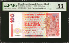 (t) HONG KONG. Lot of (2). Standard Chartered Bank. 100 Dollars, 1993. P-287a. Low Serial Numbers. Consecutive. PMG About Uncirculated 53 & 53 EPQ.
...