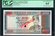 BRUNEI. Government of Brunei. 1000 Ringgit, 1986-87. P-12bs. Specimen. PCGS Currency Very Choice New 64.

Hole punch cancelled. Specimen No. 001. PC...