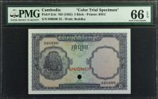 CAMBODIA. Banque Nationale du Cambodge. 5 Riels, ND (1955). P-2cts. Color Trial Specimen. PMG Gem Uncirculated 66 EPQ.

Printed by BWC. Watermark of...