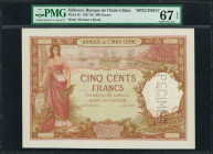 DJIBOUTI. Banque de L'Indochine. 500 Francs, 1927-38. P-9s. Specimen. PMG Superb Gem Uncirculated 67 EPQ.

Watermark of woman's head. Specimen perfo...