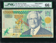 FIJI. Reserve Bank of Fiji. 2000 Dollars, 2000. P-103s. Specimen. PMG Gem Uncirculated 66 EPQ.

Printed by TDLR. Commemorative. Watermark of Fijian ...