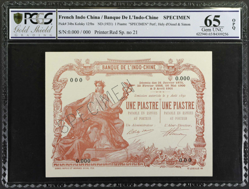 FRENCH INDO-CHINA. Banque de L'Indochine. 1 Piastre, ND (1921). P-34bs. Specimen...