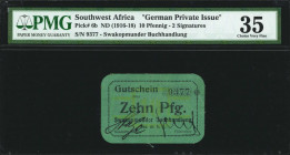 GERMAN SOUTHWEST AFRICA. Swakopmunder Buchhandlung. 10 Pfennig, ND (1916-18). P-6b. German Private Issue. PMG Choice Very Fine 35.

2 signatures. Th...