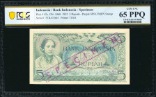 INDONESIA. Bank Indonesia. 5 Rupiah, 1952. P-42s. Specimen. PCGS Banknote Gem Uncirculated 65 PPQ.

Printed by TDLR. Purple specimen stamps.

Esti...