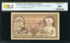 INDONESIA. Bank Indonesia. 100 Rupiah, 1952. P-46s. Specimen. PCGS Banknote Choice Uncirculated 64.

Printed by JEZ. Purple specimen stamps.

Esti...