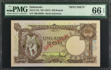 INDONESIA. Bank Indonesia. 500 Rupiah, ND (1957). P-52s. Specimen. PMG Gem Uncirculated 66 EPQ.

Red specimen overprint. No. 500A0000. Fearsome Tige...