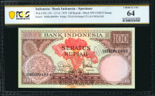 INDONESIA. Bank Indonesia. 100 Rupiah, 1959. P-69s. Specimen. PCGS Banknote Choice Uncirculated 64.

Printed by TDLR. Perforated "TELAH DIBAJAR." Bl...