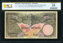INDONESIA. Bank Indonesia. 1000 Rupiah, 1959. P-71s. Specimen. PCGS Banknote Choice Very Fine 35.

Printed by TDLR. "TELAH DIBAJAR" perforated. Blac...