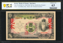 KOREA. Bank of Chosen. 100 Yen, ND (1938). P-32s. Specimen. PCGS Banknote Choice Uncirculated 63.

Printed by JICP. Perforated Cancelled. Red "Mi-Ho...