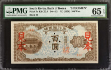 KOREA, SOUTH. Bank of Korea. 100 Won, ND (1950). P-7s. Specimen. PMG Gem Uncirculated 65 EPQ.

Block 60. Red specimen overprint. Seldom offered in t...