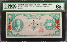 KOREA, SOUTH. Bank of Korea. 1000 Won, ND (1950). P-8s. Specimen. PMG Gem Uncirculated 65 EPQ.

Block 1. Red specimen overprint. A high denomination...