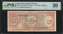KOREA, SOUTH. Bank of Korea. 1000 Won, ND (1953). P-15a. PMG Very Fine 30.

Block 11. A popular high denomination South Korean note.

Estimate: US...