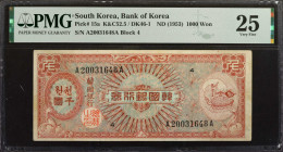 KOREA, SOUTH. Bank of Korea. 1000 Won, ND (1953). P-15a. PMG Very Fine 25.

Block 4. A popular high denomination note which displays a lovely array ...