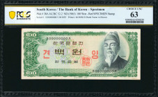 KOREA, SOUTH. The Bank of Korea. 100 Won, ND (1965). P-38A. Specimen. PCGS Banknote Choice Uncirculated 63.

Red specimen stamp. Specimen No. 001055...