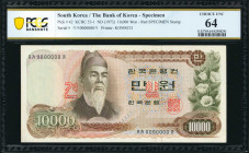KOREA, SOUTH. Lot of (4). Bank of Korea. 500 to 10,000 Won, ND (1973-77). P-42, 43, 44 & 45. Specimens. PCGS Banknote Choice Uncirculated 63 PPQ & Cho...