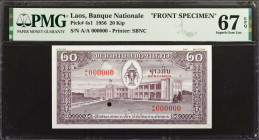 LAOS. Lot of (2). Banque Nationale du Laos. 20 Kip, 1956. P-4s1 & 4s2. Front & Back Specimens. PMG Superb Gem Uncirculated 67 EPQ.

Printed by SBNC....
