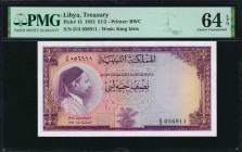 LIBYA. Kingdom of Libya. 1/2 Pound, 1952. P-15. PMG Choice Uncirculated 64 EPQ.

Printed by BWC. Watermark of King Idris. Nearly Gem.

Estimate: U...