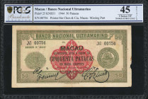 MACAU. Banco Nacional Ultramarino. 50 Patacas, 1944. P-25. PCGS Banknote Choice Extremely Fine 45 Details. Missing Part.

Printed by Sin Chon & Cia....