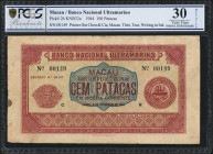 MACAU. Banco Nacional Ultramarino. 100 Patacas, 1944. P-26. PCGS Banknote Very Fine 30 Details. Thin, Tear, Writing in Ink.

Dark blue guilloche at ...