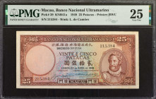 MACAU. Banco Nacional Ultramarino. 25 Patacas, 1948. P-39. PMG Very Fine 25.

Printed by BWC. Watermark of L. de Camoes. An elusive issued example o...