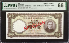 MACAU. Banco Nacional Ultramarino. 100 Patacas, 1966. P-51s. Specimen. PMG Gem Uncirculated 66 EPQ.

Printed by TDLR. Watermark of Arms. Specimen No...