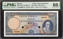 MACAU. Banco Nacional Ultramarino. 500 Patacas, ND (1963). P-52cts. Color Trial Specimen. PMG Gem Uncirculated 66 EPQ.

Printed by BWC. Watermark of...