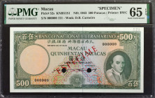 MACAU. Banco Nacional Ultramarino. 500 Patacas, ND; 1963. P-52s. Specimen. PMG Gem Uncirculated 65 EPQ.

Printed by BWC. Watermark of D.B. Carneiro....