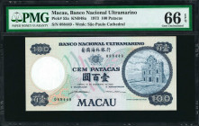MACAU. Banco Nacional Ultramarino. 100 Patacas, 1973. P-53a. PMG Gem Uncirculated 66 EPQ.

Watermark of Sao Paulo Cathedral. PMG has graded just fou...