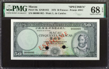 MACAU. Banco Nacional Ultramarino. 50 Patacas, 1976. P-56s. Specimen. PMG Superb Gem Uncirculated 68 EPQ.

Printed by BWC. A lofty example of this 1...